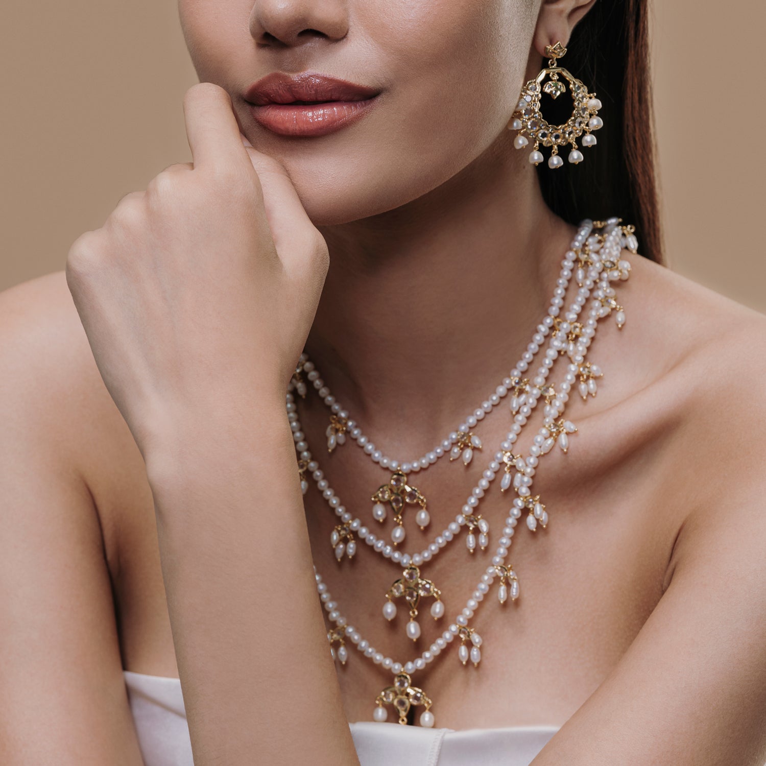 Elegant Chaandrika Set by Modi Pearls, inspired by Satlada style with luminous pearls and drops, celebrating Hyderabad's royal elegance.