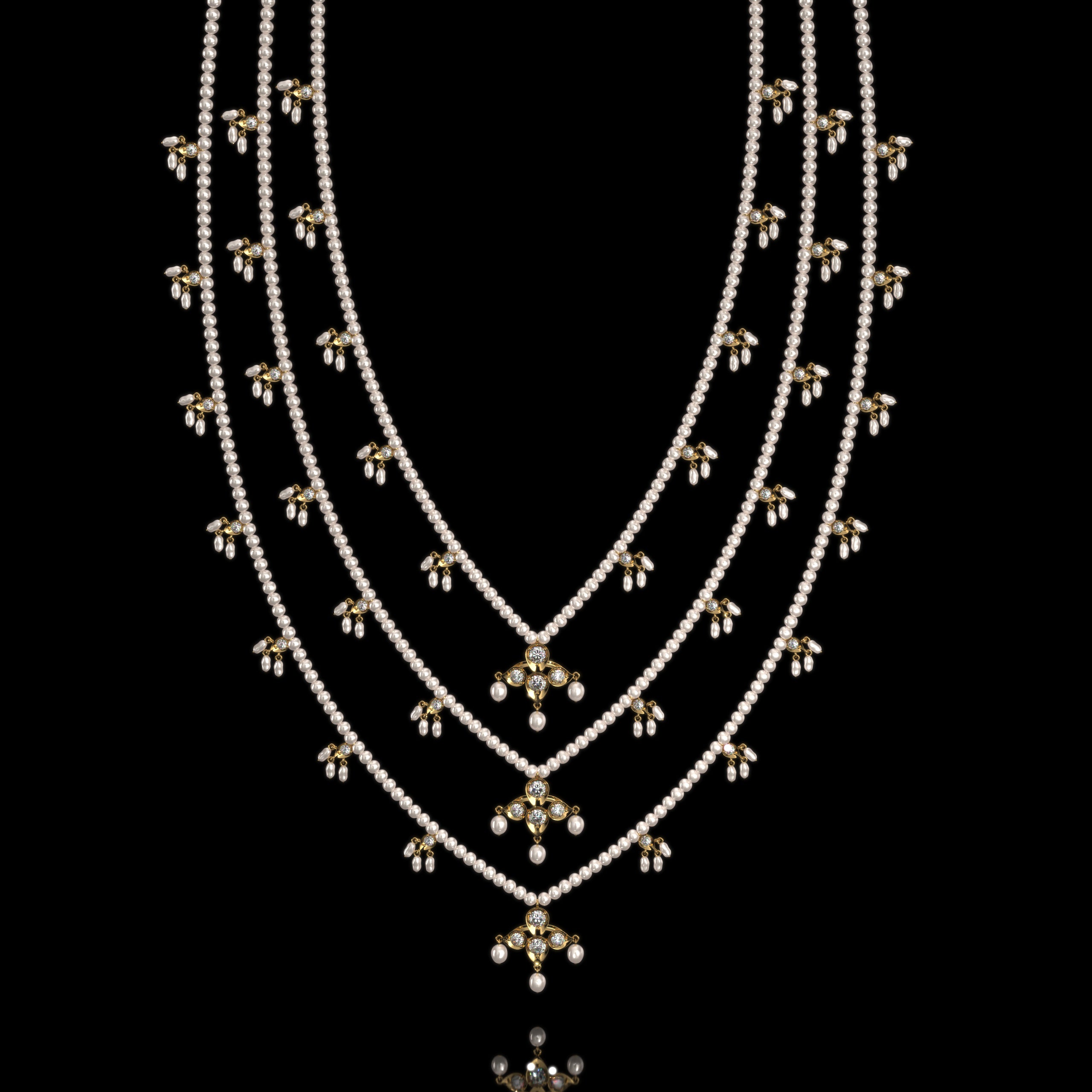 Modi Pearls Chaandrika Set featuring three cascading layers of AAA++ grade round freshwater pearls, adorned with delicate drops and paired with matching earrings.