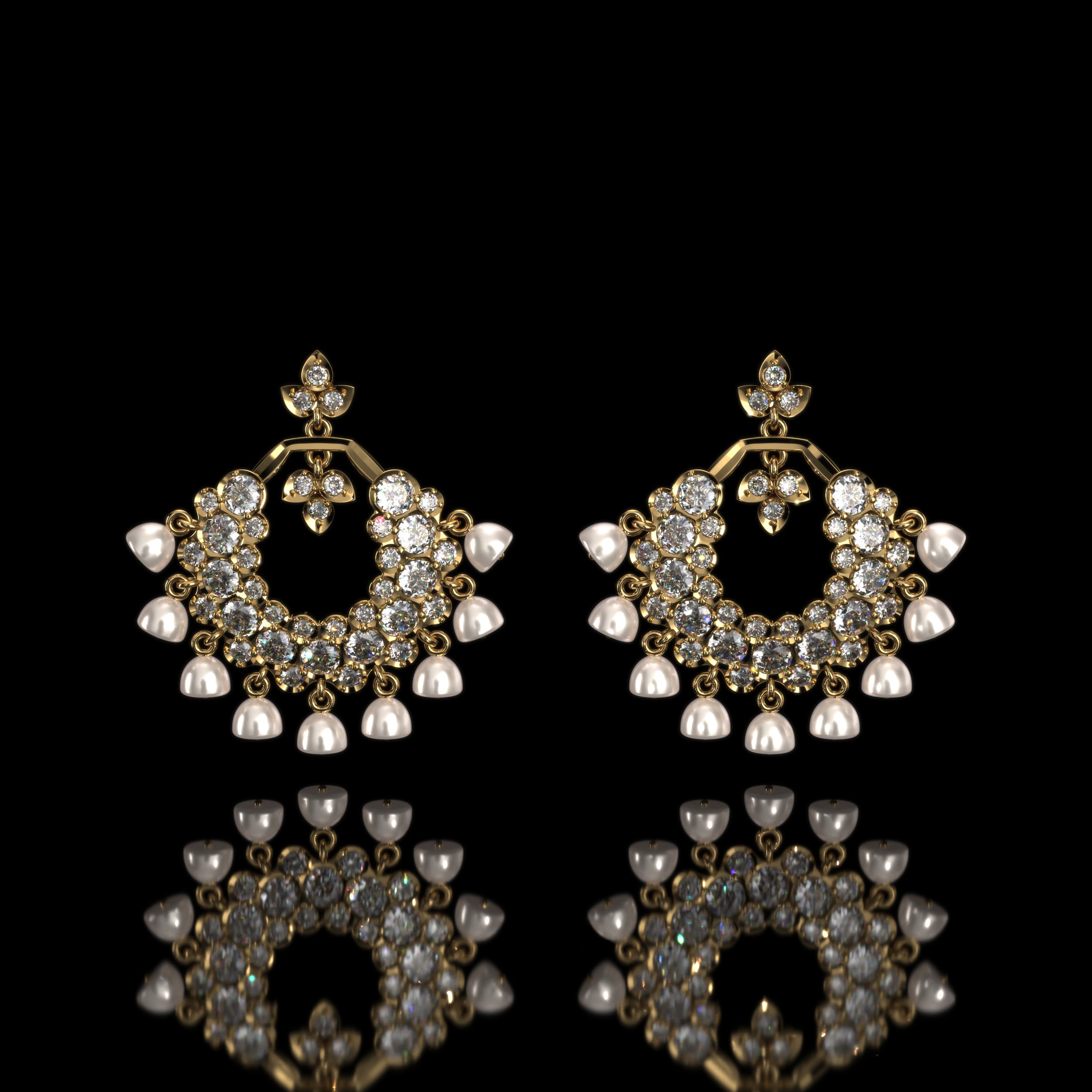 Modi Pearls Chaandrika Necklace with three layers of radiant round pearls and matching earrings, a luminous tribute to timeless royal artistry.