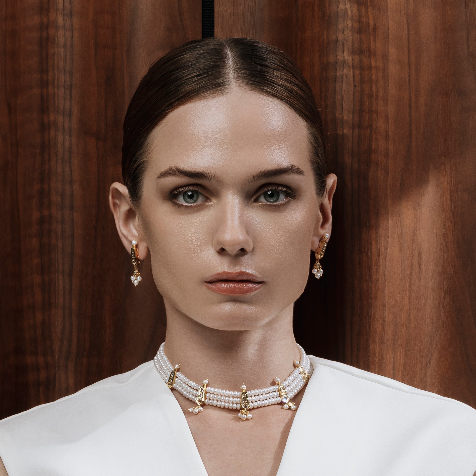 Modi Pearls Jahanara Set with round freshwater pearls and golden accents, inspired by Mughal artistry and regal elegance.