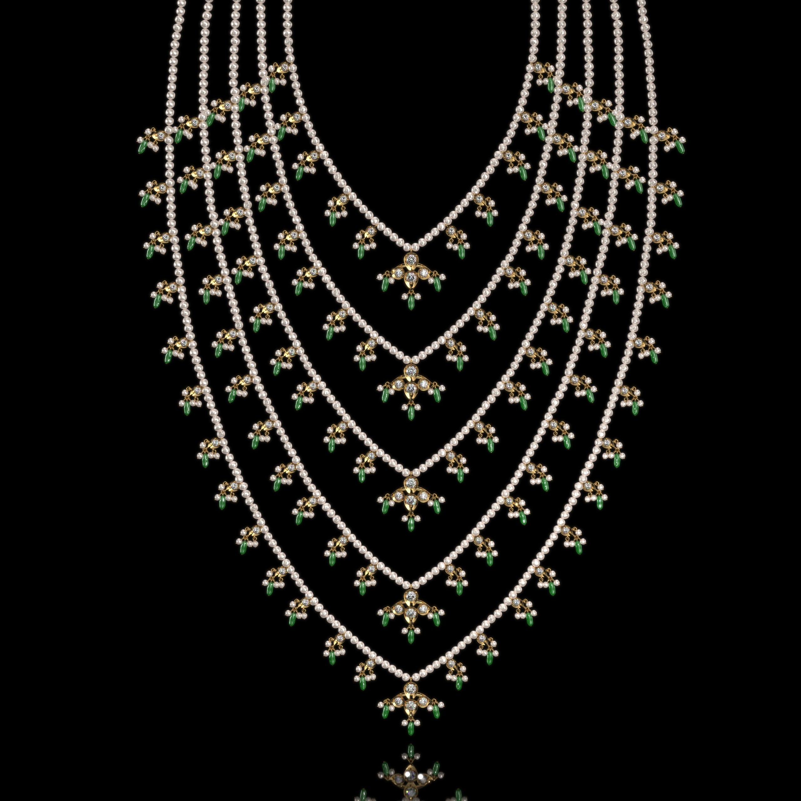Modi Pearls Verdant Panchjanya Necklace featuring five cascading layers of luminous round pearls and vibrant emeralds, inspired by royal Satlada designs.