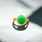 Made in Japan Gold Ring Featuring Natural Imperial Green Jadeite and Brilliant White Diamonds