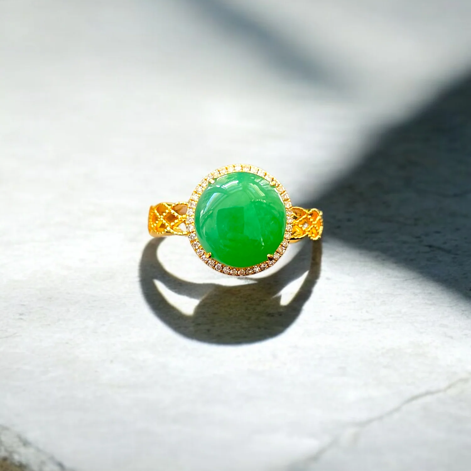 Made in Japan Gold Ring Featuring Natural Imperial Green Jadeite and Brilliant White Diamonds