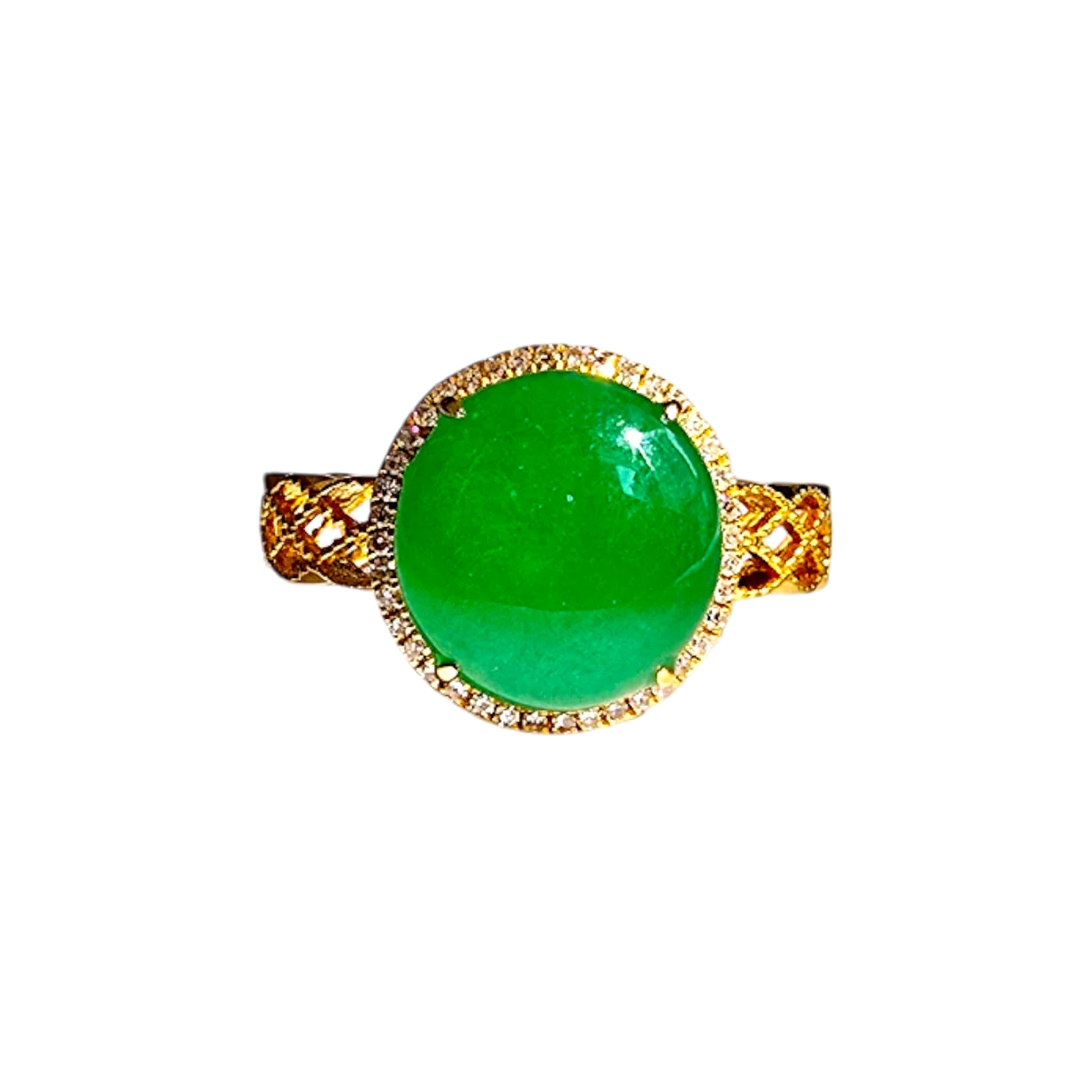 FYORO Shinjuku Ring with Vivid Green Burmese A-Jadeite Cabochon and Diamond Halo in 18K Yellow Gold