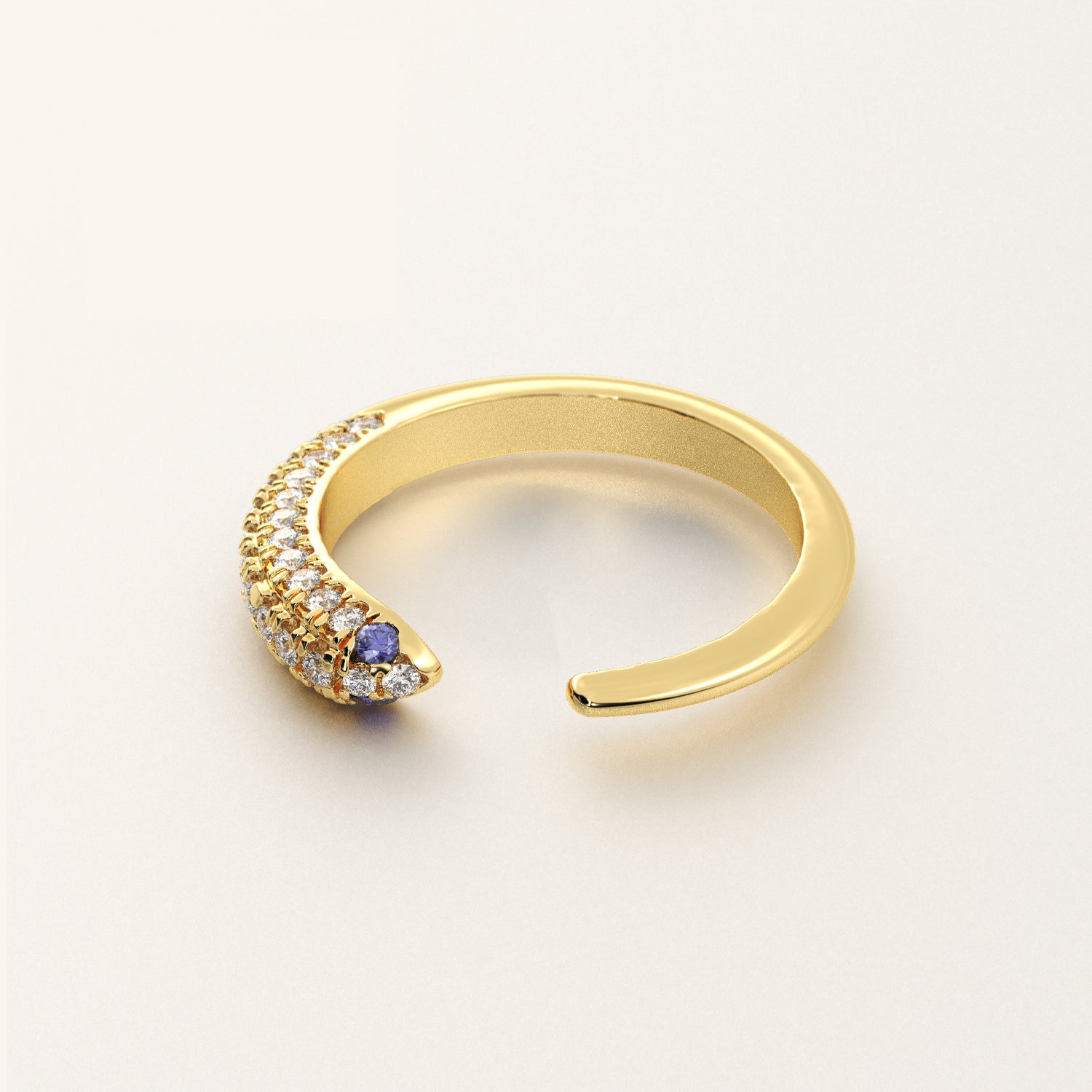 14K gold serpent ring with VS clarity diamonds and gemstone eye