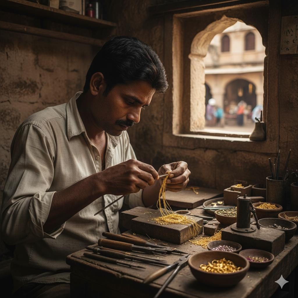 Goldsmith working gold at a traditional workshop bench