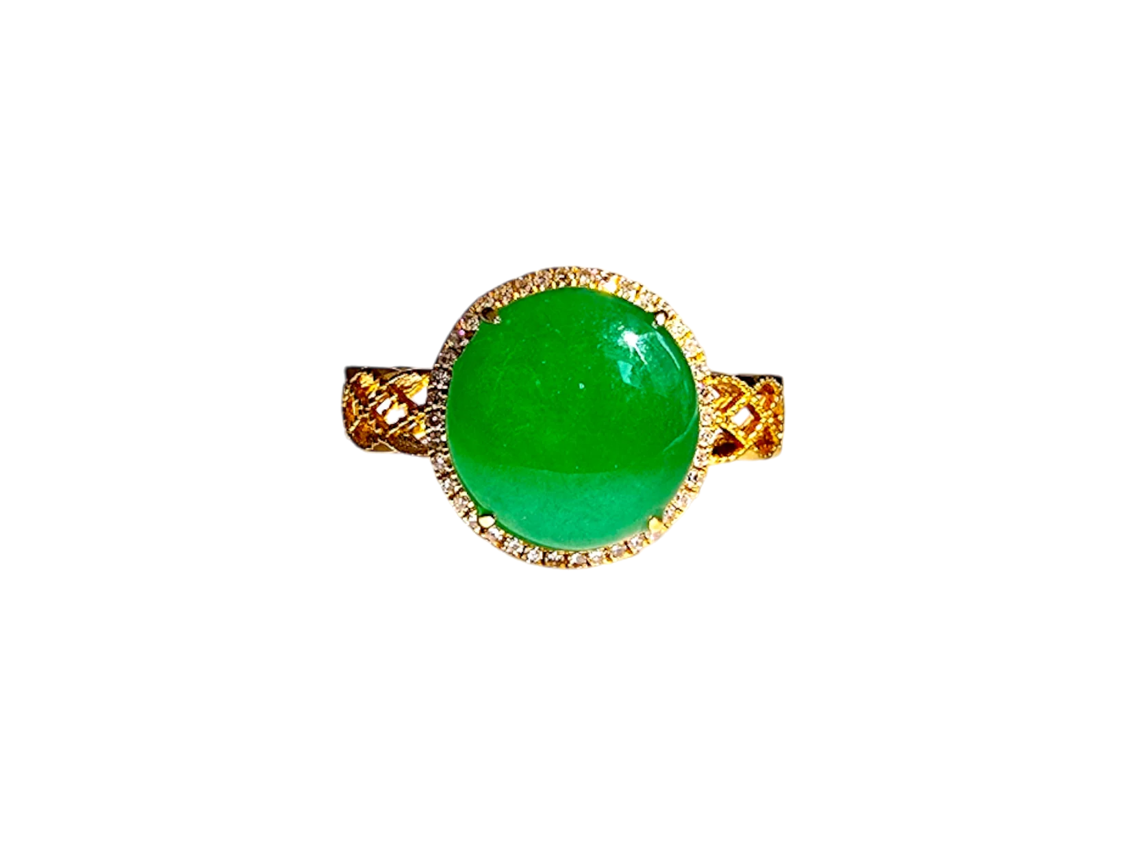 FYORO Shinjuku Ring with Vivid Green Burmese A-Jadeite Cabochon and Diamond Halo in 18K Yellow Gold